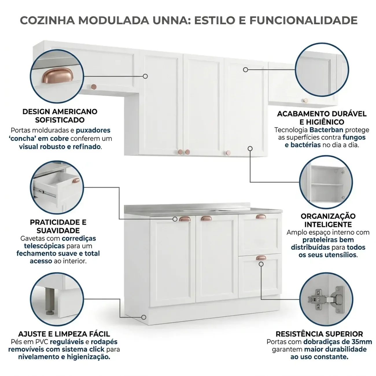 Ver imagem 7 de Cozinha Completa Modulada 4 Peças com Balcão para Pia sem Tampo Unna Yescasa Branco