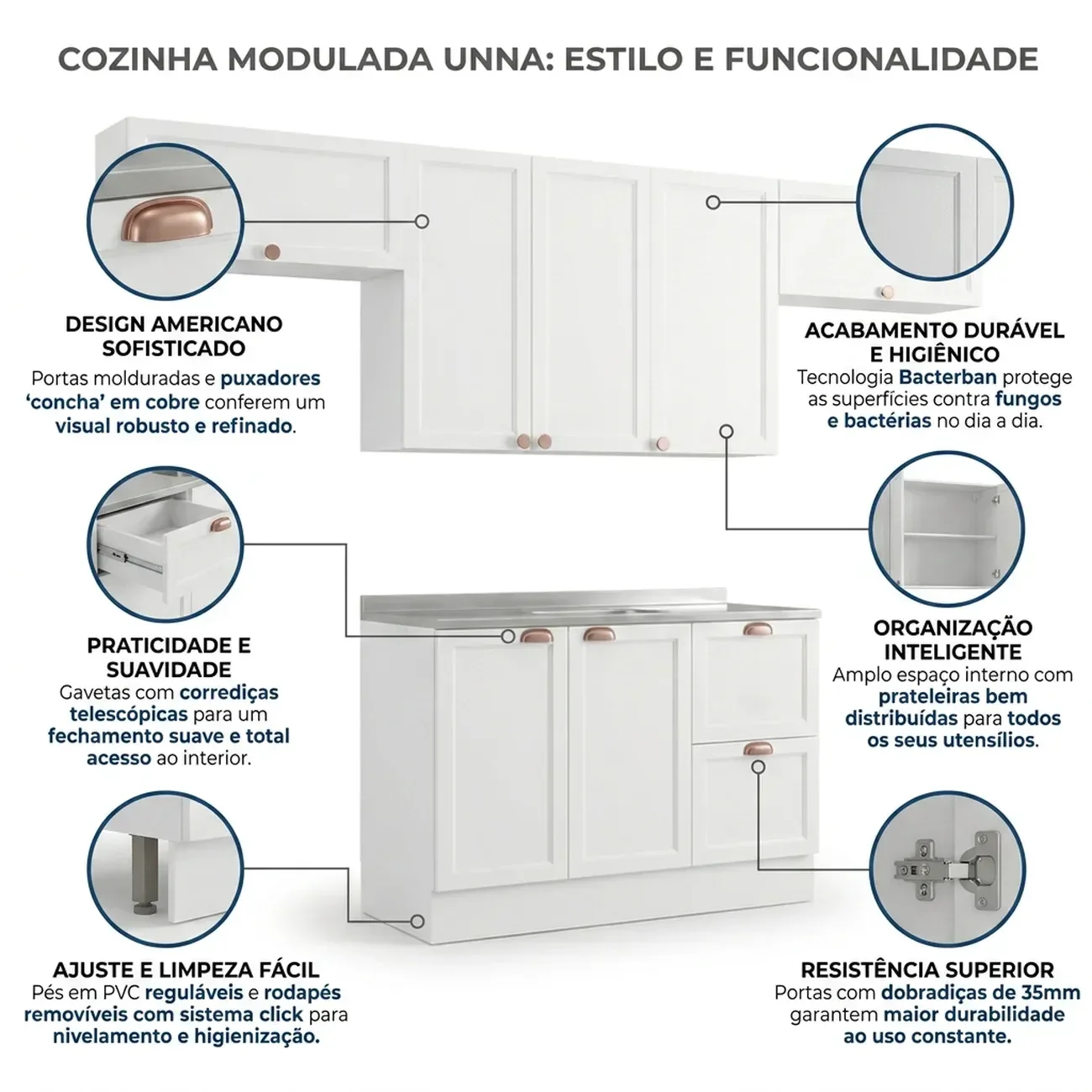 Cozinha Completa Modulada 4 Peças com Balcão para Pia sem Tampo Unna Yescasa Branco - 7 Cozinha Completa Modulada 4 Peças com Balcão para Pia sem Tampo Unna Yescasa Branco - 7