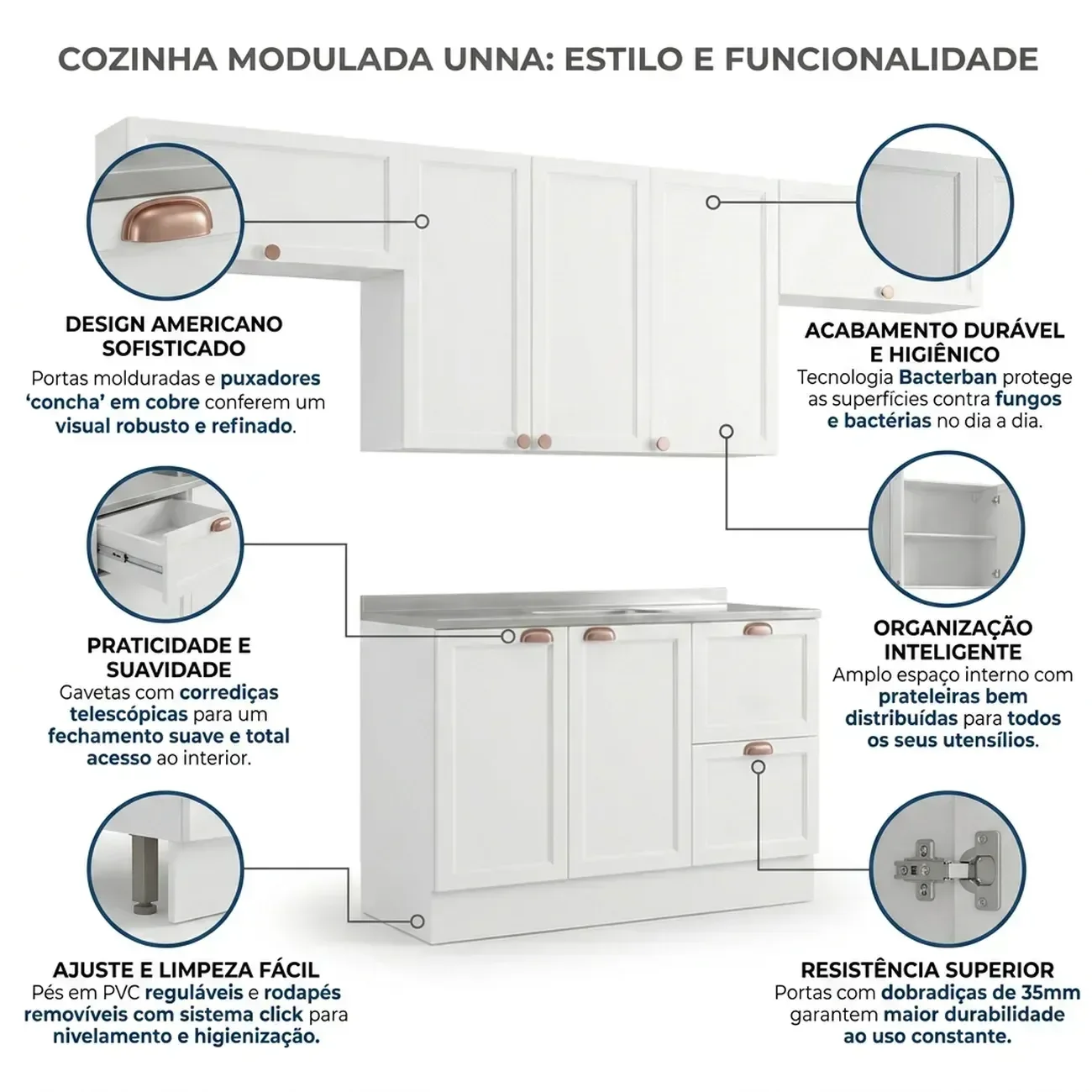 Ver imagem 7 de Cozinha Completa Modulada 4 Peças com Balcão para Pia sem Tampo Unna Yescasa Branco