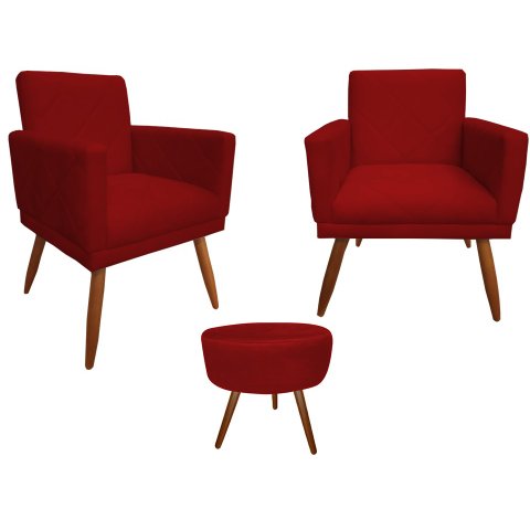 Kit 2 Poltronas Decorativa Nina Riscado + Puff Redondo Suede Vermelho Pés Madeira Ms Decor