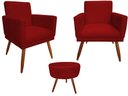 Ver imagem 1 de Kit 2 Poltronas Decorativa Nina Riscado + Puff Redondo Suede Vermelho Pés Madeira Ms Decor