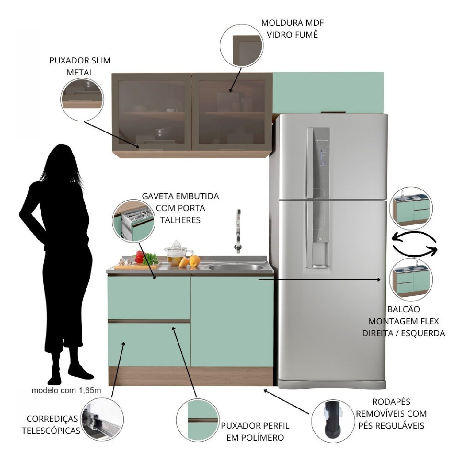 Cozinha Modulada 3 Peças 4 Portas 3 Gavetas com Balcão para Pia Etna - 5