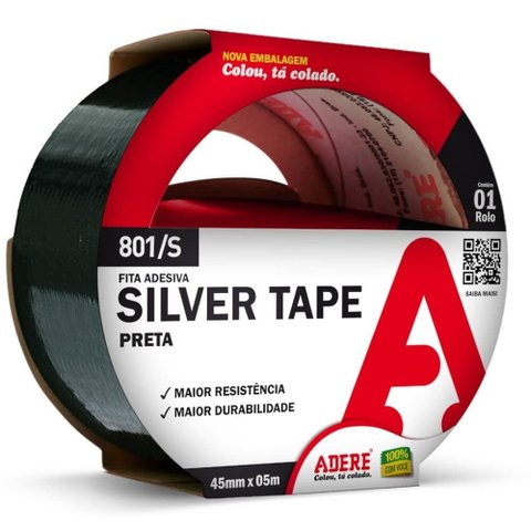 Fita Multi-uso Preta Silver Tape 45mm X 5 Metros - 801s - Adere Fita Multiuso Preta Silver Tape 45x0