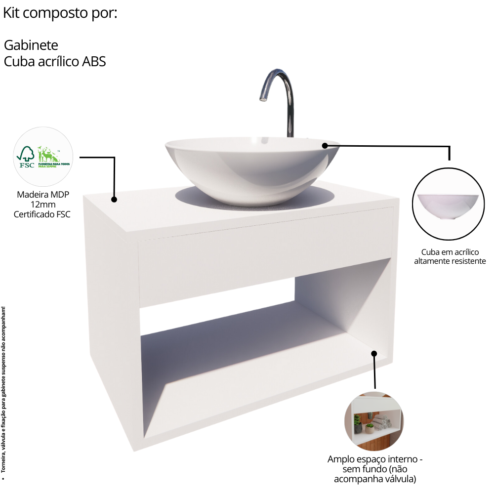 Gabinete de Banheiro 50cm com Cuba Lavabo Armário Suspenso - 5