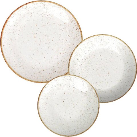 Jogo de Pratos Porcelana Tramontina Rústico Marrom 18pçs Decorados Rasos Fundos e Sobremesa