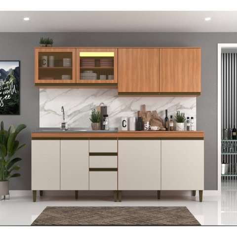 Cozinha Compacta Modulada 4 Peças com Vidro Reflecta Cecília Marrom/Freijó/Off White
