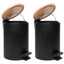 Ver imagem 1 de Kit 2 Lixeiras 5l Metal Redonda com Pedal Preta Tampa Bambu Balde Interno Banheiro