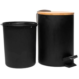 Kit 2 Lixeiras 5l Metal Redonda com Pedal Preta Tampa Bambu Balde Interno Banheiro - 4