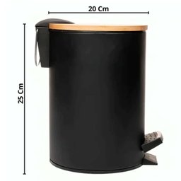 Kit 2 Lixeiras 5l Metal Redonda com Pedal Preta Tampa Bambu Balde Interno Banheiro - 5