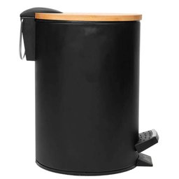 Kit 2 Lixeiras 5l Metal Redonda com Pedal Preta Tampa Bambu Balde Interno Banheiro - 3