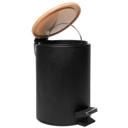 Kit 2 Lixeiras 5l Metal Redonda com Pedal Preta Tampa Bambu Balde Interno Banheiro - 2