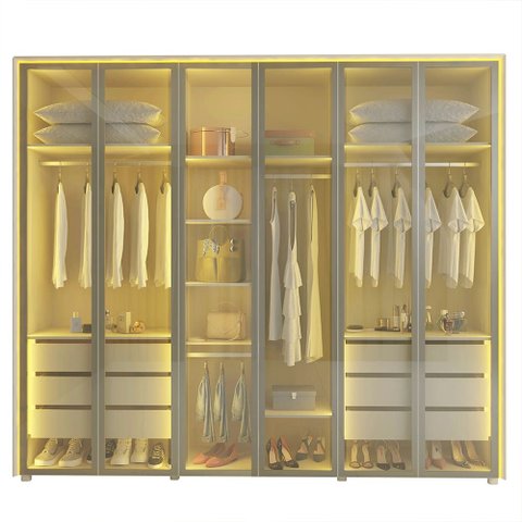 Guarda Roupa Lumina 6 Portas Reflecta LED Off White Bronze - Gelius