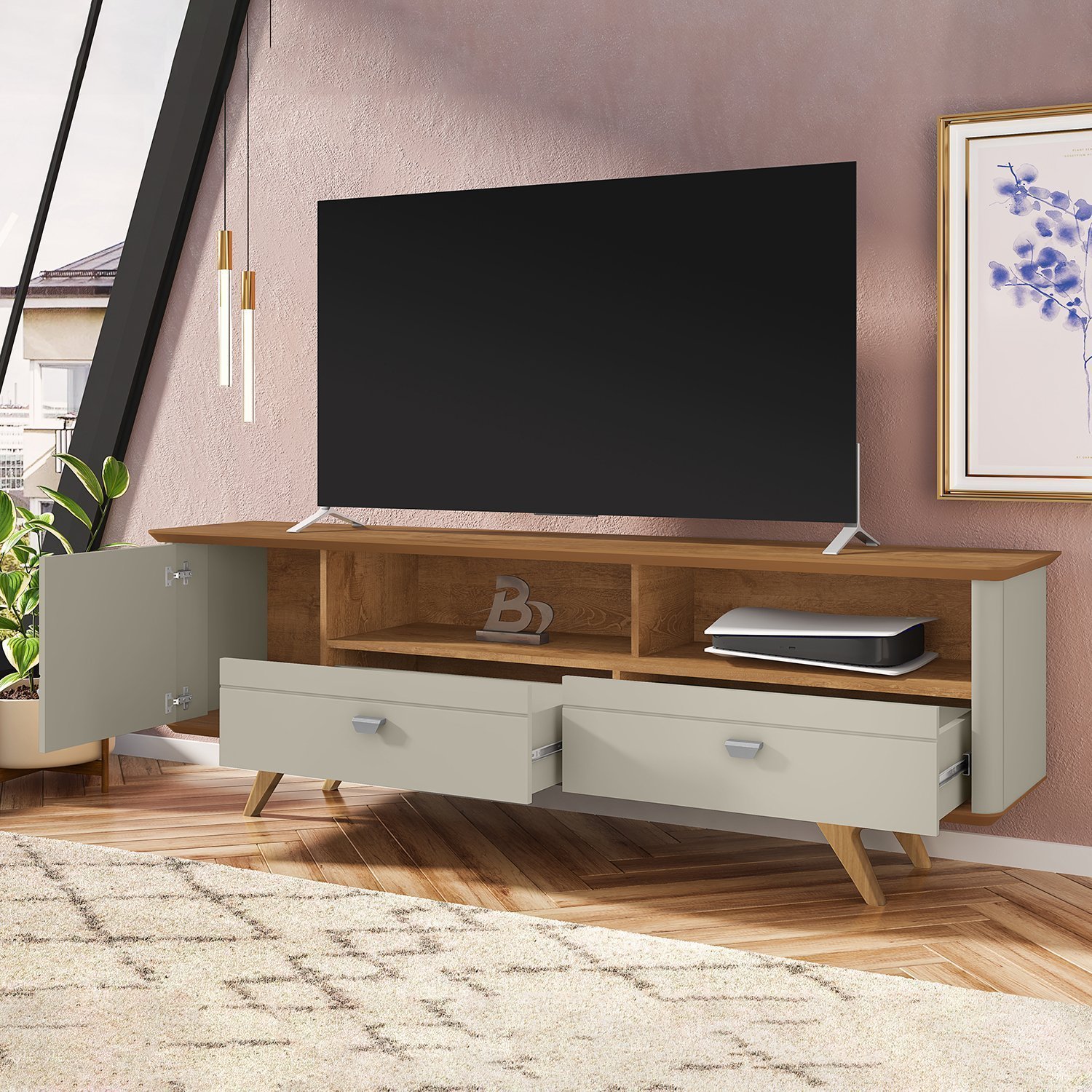 Rack Para TV até 70 Polegadas Pés de Madeira Maciça 1 Porta 2 Gavetas e ...