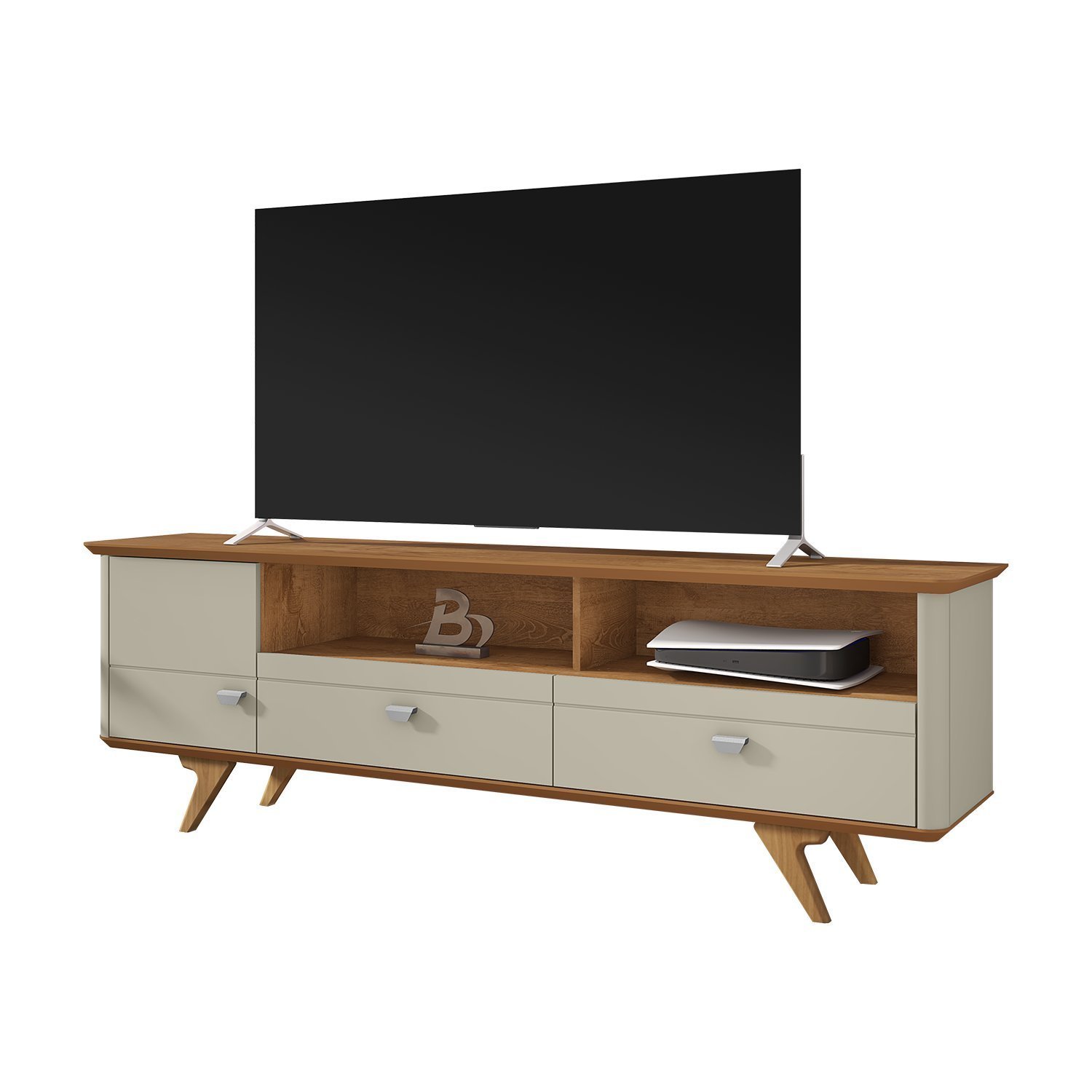 Rack Para TV até 70 Polegadas Pés de Madeira Maciça 1 Porta 2 Gavetas e ...
