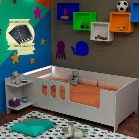 Cama Infantil Livia com Led Usb Prateleiras Divaloto Acompanha Lousa Magica e Mesa de Cabeceira - Br