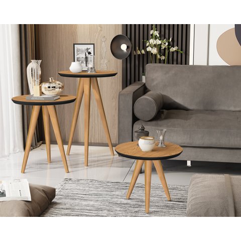 Kit 3 Mesas Lateral Apoio e Centro 40cm Pés Palito Freijó / Preto - Comprar Moveis em Casa