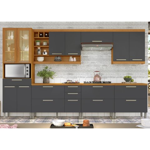 Cozinha 07 Peças Burguesa Premium 100% MDF Marrom/Freijó/Grafite