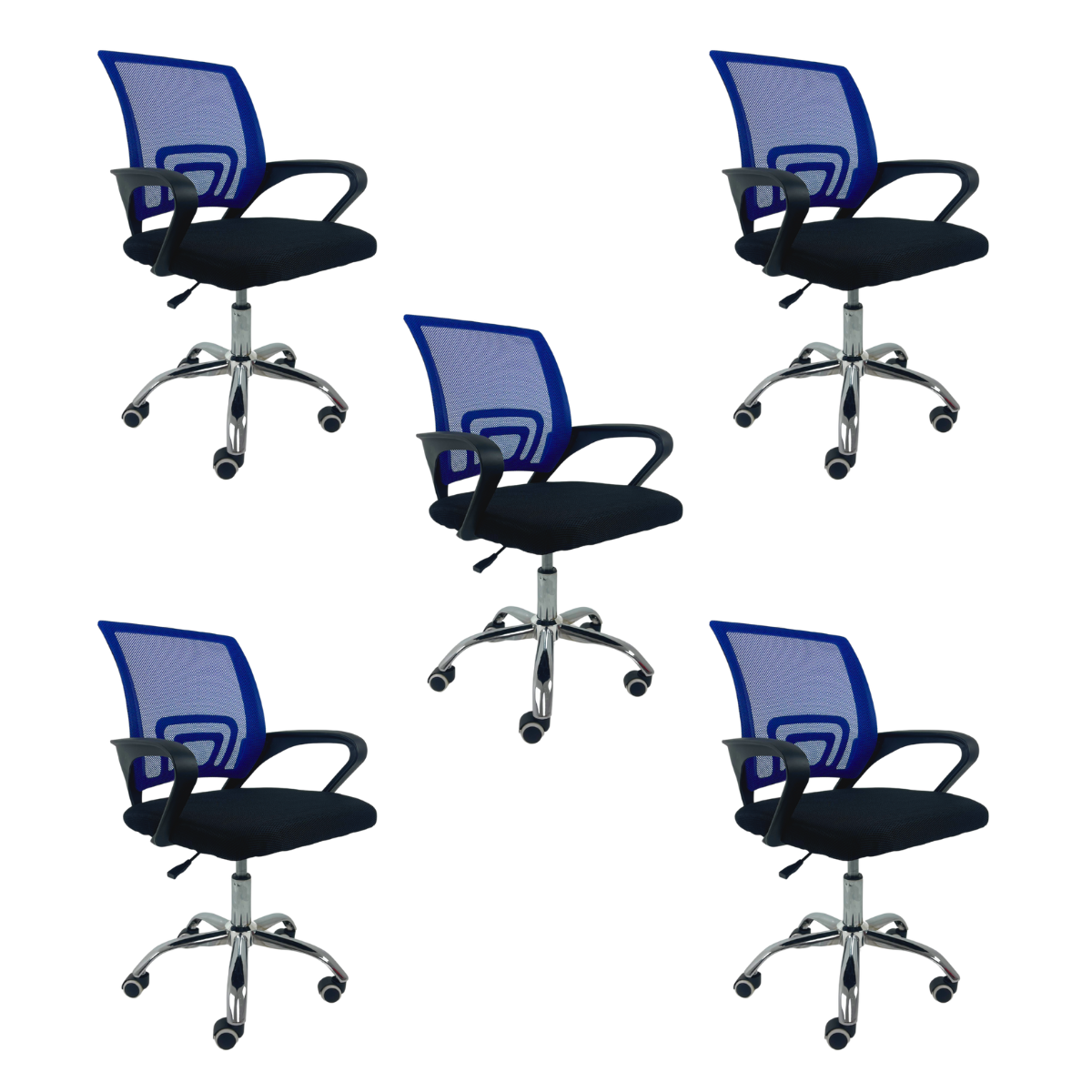 Kit 5 Cadeiras de Escritório Begonia Tela Mesh Ergonômica Giratória - Preto e Azul - 1