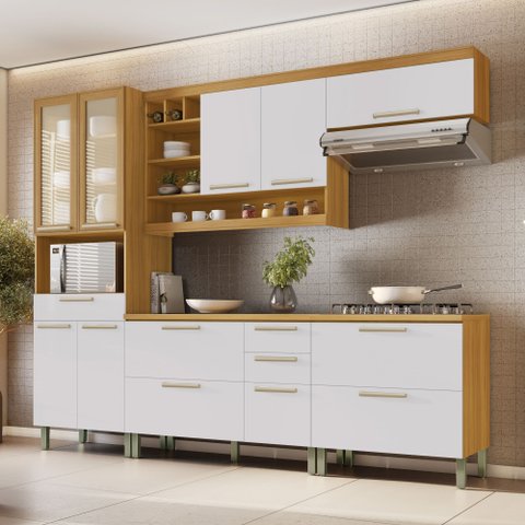 Cozinha 5 Peças Armário Geladeira Burguesa Premium 100% MDF Marrom/Freijó/Branco