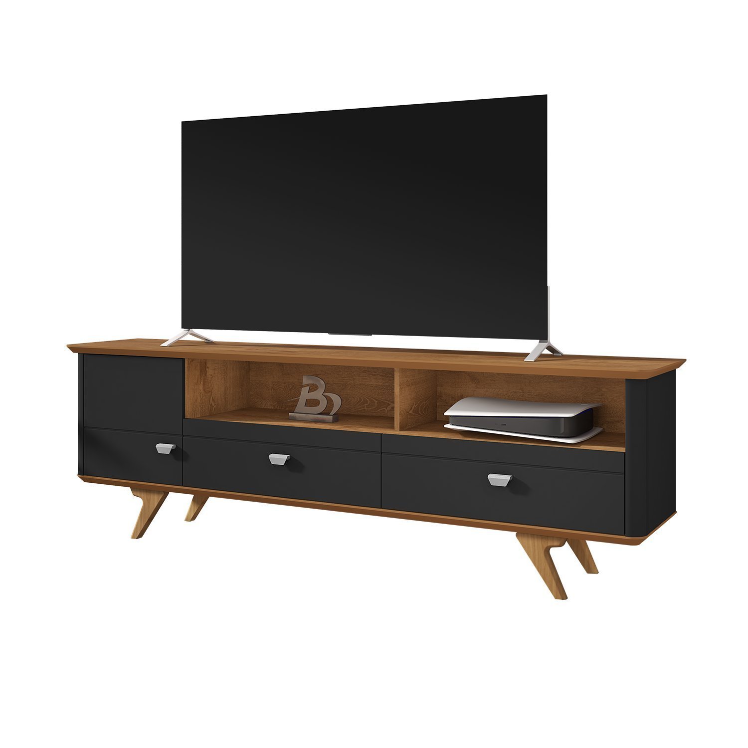 Rack Para TV até 70 Polegadas Pés de Madeira Maciça 1 Porta 2 Gavetas e ...