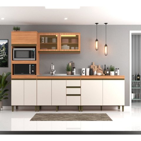 Cozinha Compacta Modulada 4 Peças 9 Portas com Torre Quente e Vidro Reflecta Cecília Marrom/Freijó/Off White