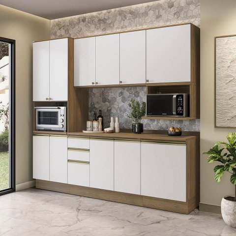 Armário de Cozinha Compacta Nicho Micro-ondas 100% Mdf 250cm Nogueira/branco Celeste Kappesberg
