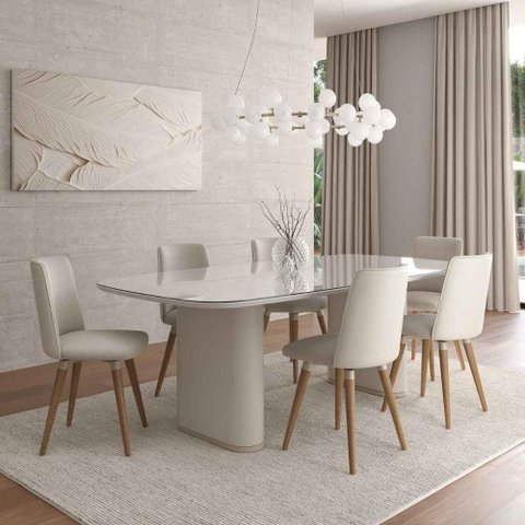 Conjunto de Jantar Lintz Off-Wh 6 Cadeiras Giratórias Dakota - Bouclé 03 Bege c/ PU Off White