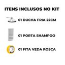 Ver imagem 2 de Chuveiro Ducha Fria Redondo 22cm Cromado + Suporte de Canto Porta Shampoo Branco + Veda Rosca