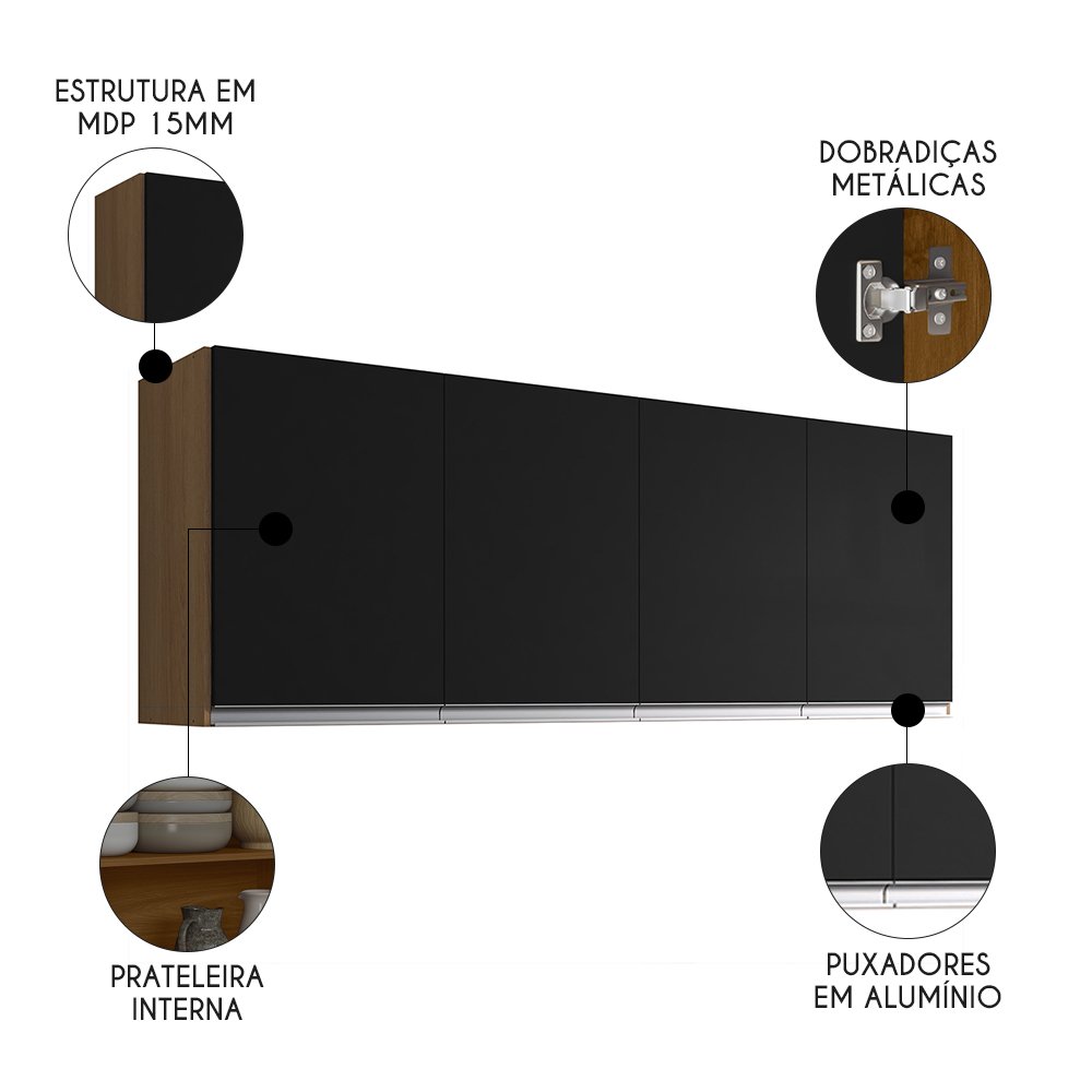 Armário de Cozinha Aéreo 160cm 4 Portas Andréia Amêndoa/preto - Ajl Móveis - 3