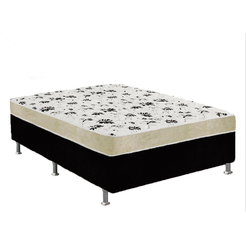 Cama Box Casal Suede Preto + Colchão Casal Suede Bege Orto Molas Ensacada 138x188x55