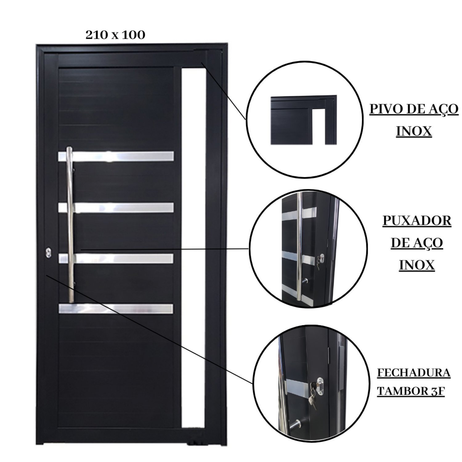 Porta Pivotante de Alumínio 210 x 100cm com Friso e Visor 30 Esquerda Esquadrias Bergamo - 4