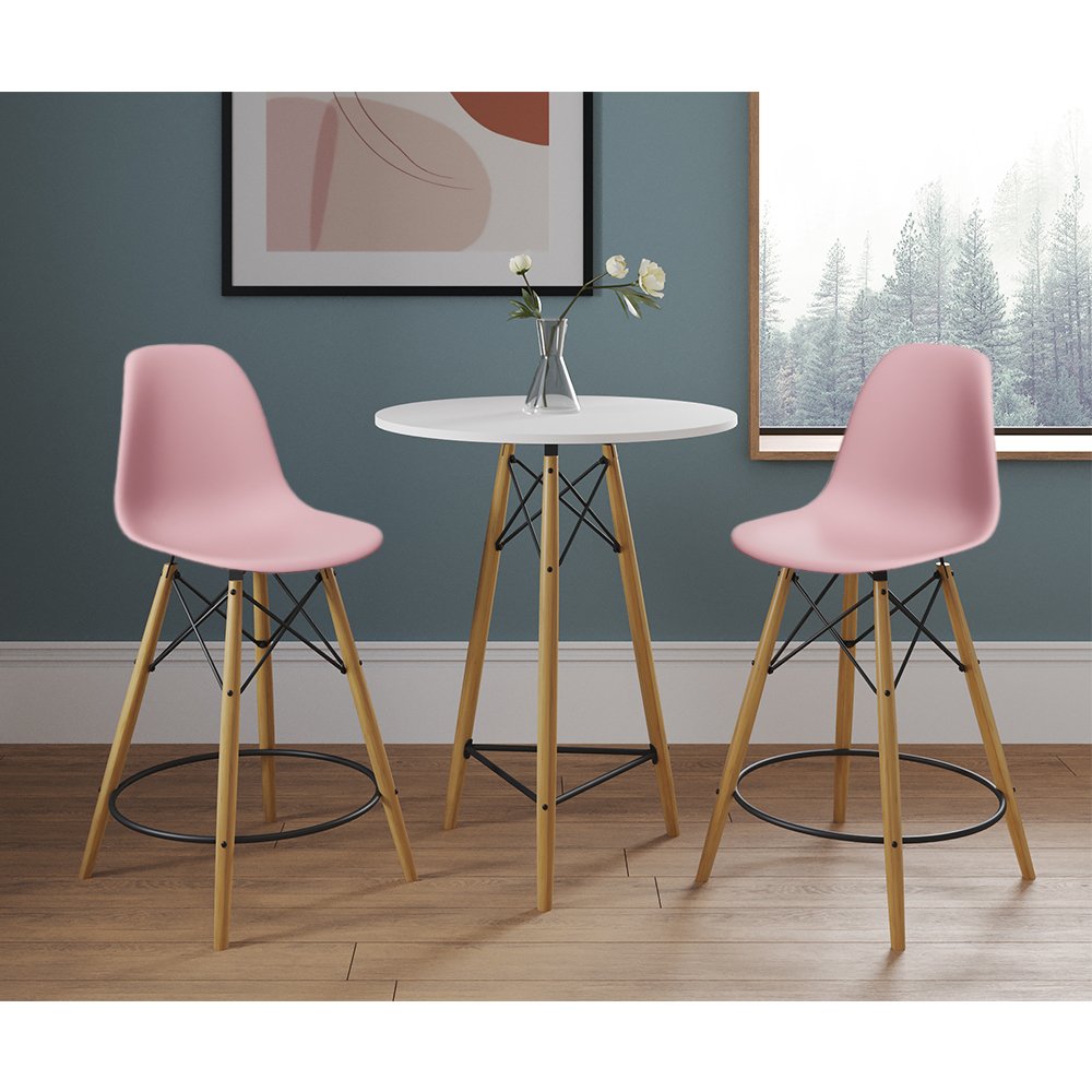 Conjunto Bistrô Eames Eiffel Mesa Branca com 2 Banquetas Rosas de Madeira - 1