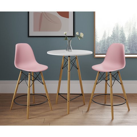 Conjunto Bistrô Eames Eiffel Mesa Branca com 2 Banquetas Rosas de Madeira