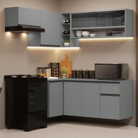 Armário de Cozinha Completa de Canto Suspenso 325cm Cinza Nice Madesa 02