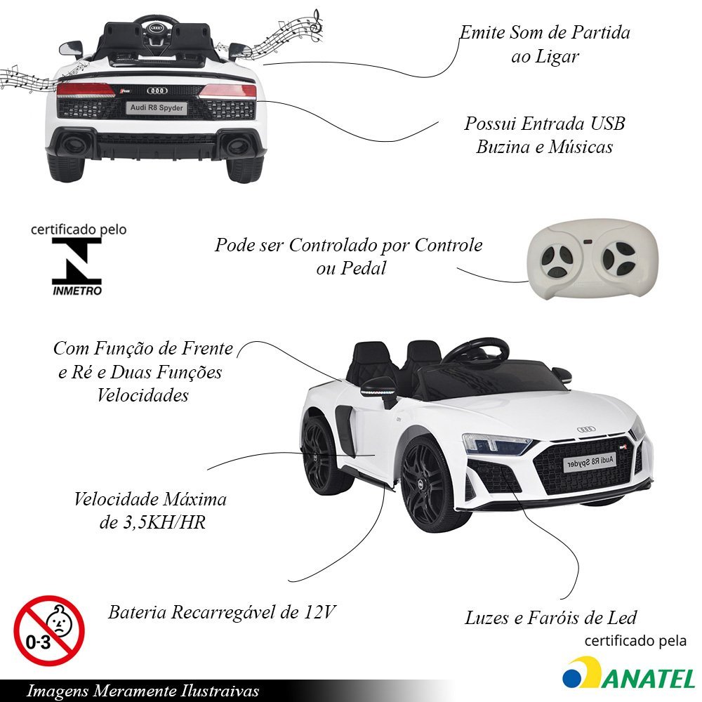 Carrinho Elétrico Infantil Motorizado Audi R8 Spyder com Controle Som 12v Branco G31 - Gran Belo Car - 3
