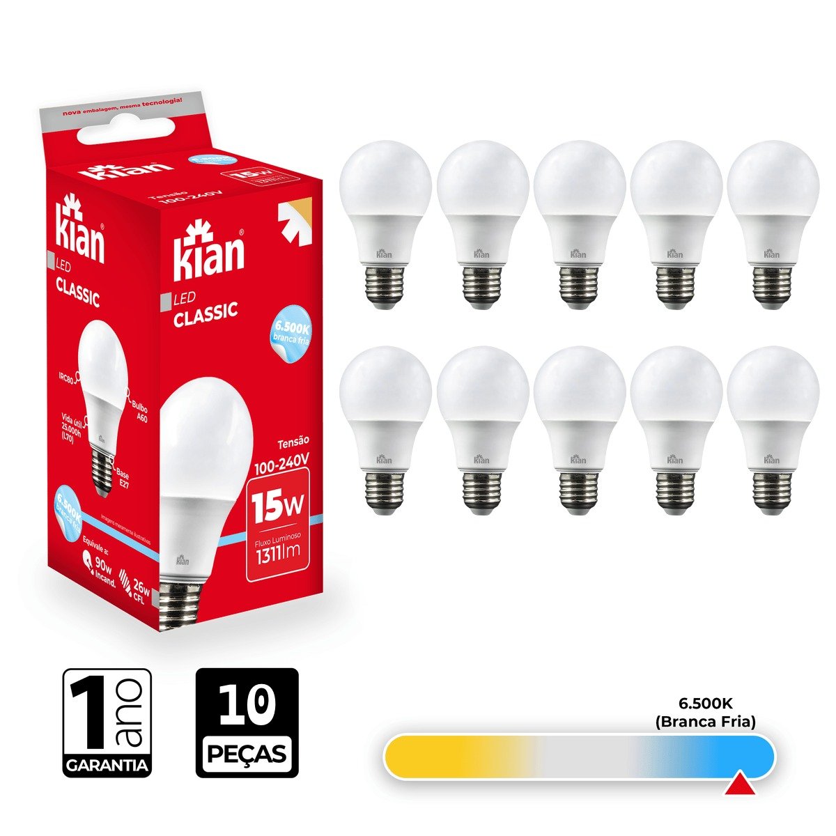 Lâmpada Led Bulbo Kian 15w 6500k Branca Fria 10 Peças - 2