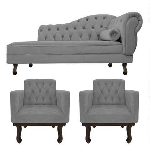 Kit Diva Recamier Diana 185cm Lado Esquerdo e 02 Poltronas Classic Suede Cinza - ADJ Decor