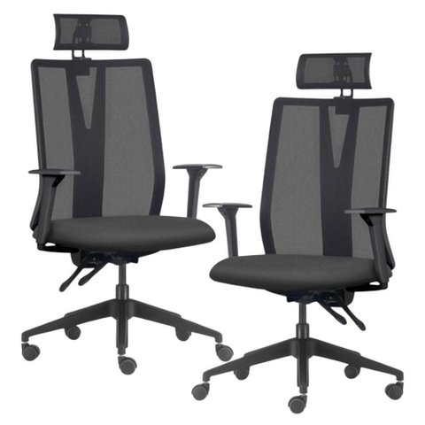 Kit 2 Cadeiras Escritório Giratória Presidente Flow F02 Base Preta Sintético Preto - Lyam Decor