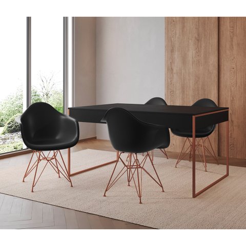 Mesa Jantar Industrial Filadélfia Preta 137x90cm com 4 Poltronas Eames Eiffel Pretas Base Cobre