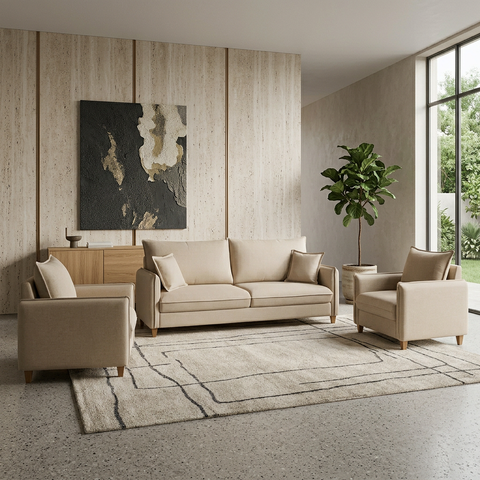 Kit Conjunto Sofá Living Córdoba e Duas Poltronas Tecido Linho Cru 1,80m