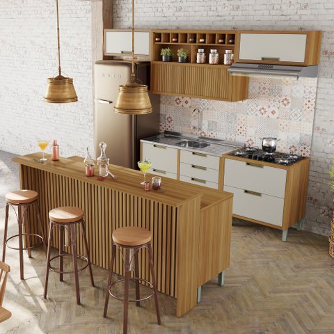 Cozinha 8 Peças Imperatriz Gourmet Ripado 100% MDF Marrom/Freijó/Off-White