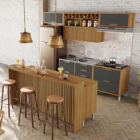 Cozinha 8 Peças Imperatriz Gourmet Ripado 100% MDF Marrom/Freijó/Grafite