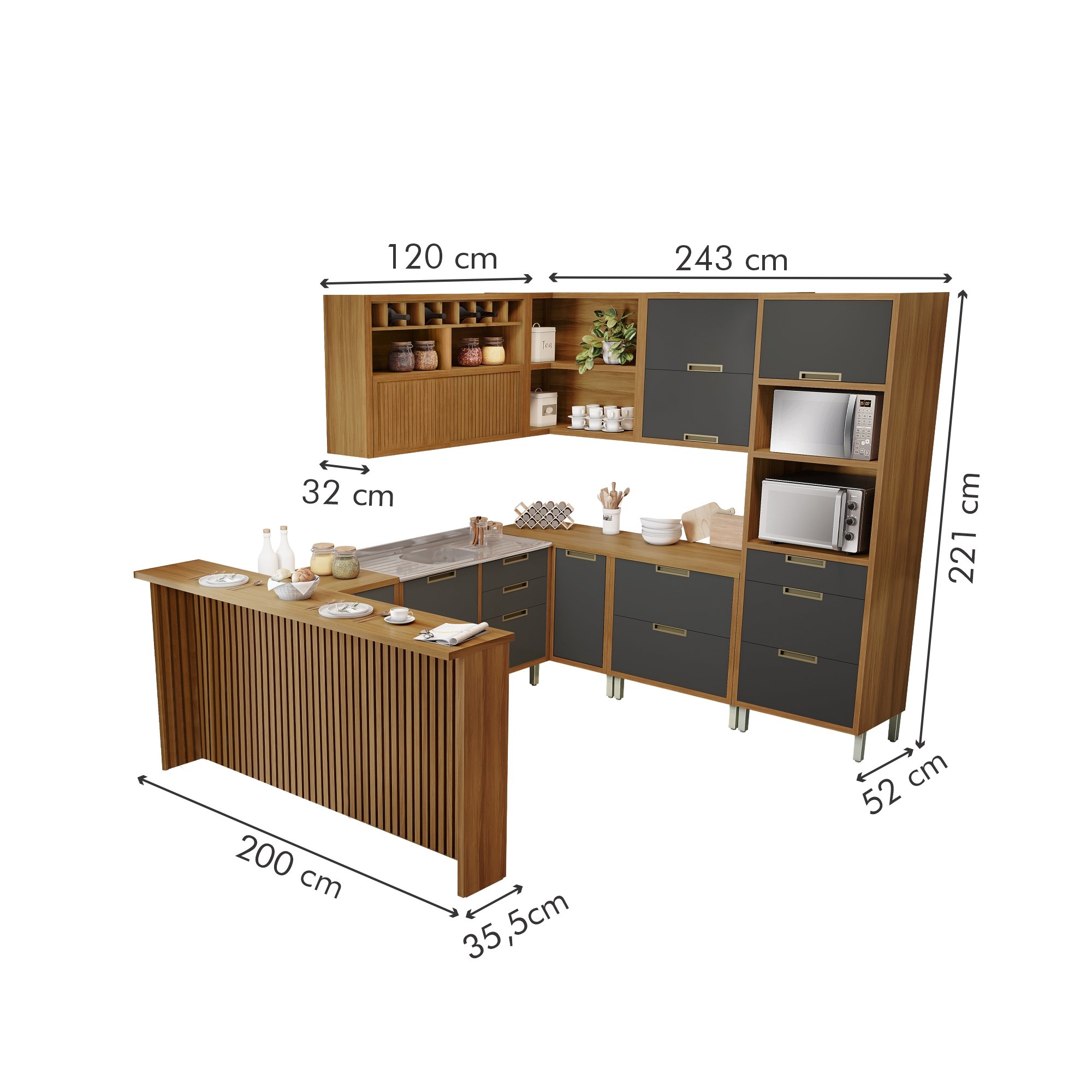 Cozinha 9 Peças Imperatriz Gourmet Ripado Canto  100% Mdf - 17