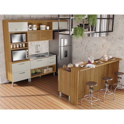 Cozinha 6 Peças Princesa Gourmet Ripado 100% MDF Marrom/Freijó/Offwhite