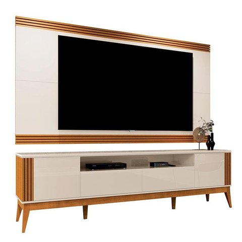 Rack Com Painel Ripado Para TV 75 Pol Brunt EAX Móveis Off White/Cedro