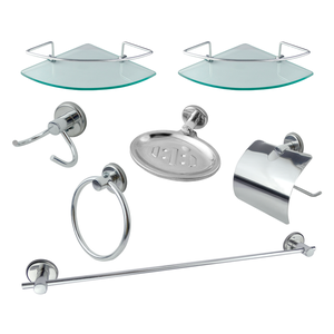 Kit Acessório para Banheiro Aço Inox 5 Peças + 2 Porta Shampoo Vidro Canto Cód. 5760