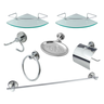 Kit Acessório para Banheiro Aço Inox 5 Peças + 2 Porta Shampoo Vidro Canto Cód. 5760 - 1