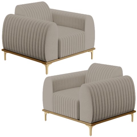 Kit 2 Poltronas Decorativas Base De Madeira Pés D'Ouro Molino D02 Linho Bege C-107 - Lyam Decor