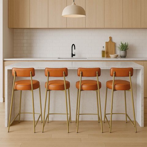 Banqueta Cozinha Alta com Encosto Industrial Dourado Kit 4 Londres Pu D03 - D'Rossi