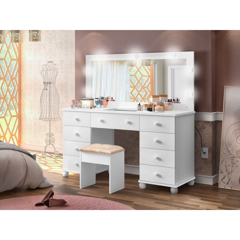 Penteadeira Camarim 9 Gavetas com Banqueta Espelho e Led em Mdf:branco Penteadeira Camarim 9 Gavetas com Banqueta Espelho e Led em Mdf:branco